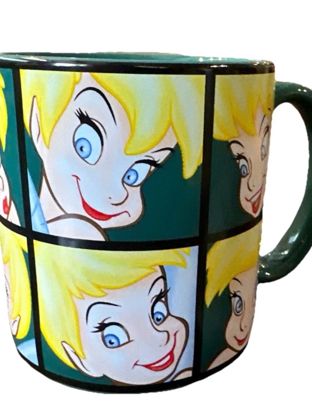 DISNEY STORE Cute Tinkerbell Large Green Coffee Mug “MANY FACES OF TINK” NEW